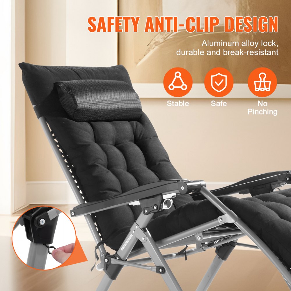 VEVOR Zero Gravity Chair, 645 mm Zero Gravity Recliner Lounge Chair for Indoor and Outdoor, Adjustable Anti Gravity Chair with Cushion, Headrest, Footrest, and Cupholder, 500 lbs, Black
