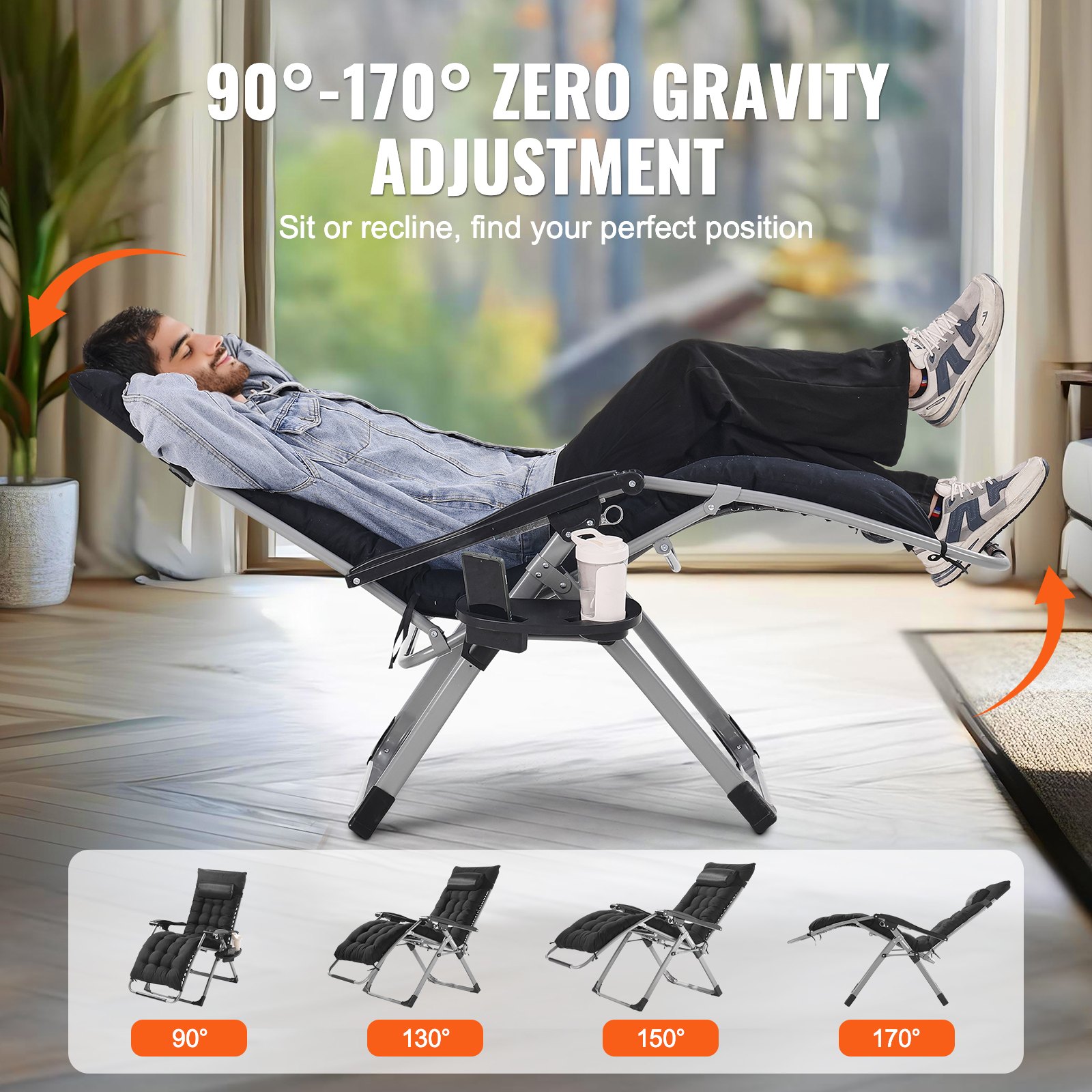 VEVOR Zero Gravity Chair, 645 mm Zero Gravity Recliner Lounge Chair for Indoor and Outdoor, Adjustable Anti Gravity Chair with Cushion, Headrest, Footrest, and Cupholder, 500 lbs, Black