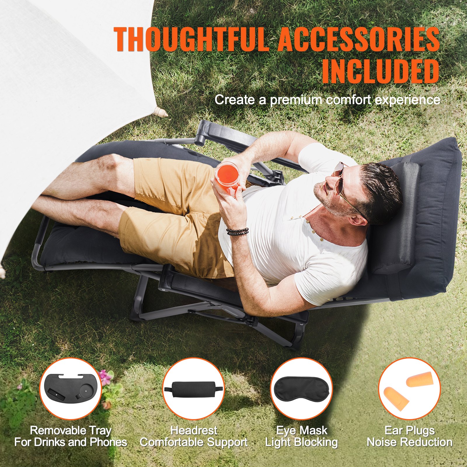 VEVOR Zero Gravity Chair, 645 mm Zero Gravity Recliner Lounge Chair for Indoor and Outdoor, Adjustable Anti Gravity Chair with Cushion, Headrest, Footrest, and Cupholder, 500 lbs, Black