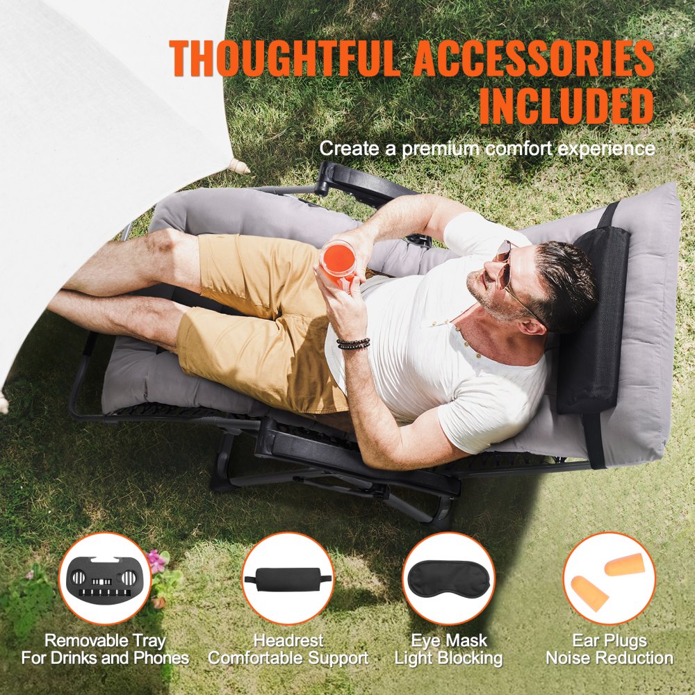 VEVOR Zero Gravity Chair, 825 mm Zero Gravity Recliner Lounge Chair for Indoor and Outdoor, Adjustable Anti Gravity Chair with Cushion, Headrest, Footrest, and Cupholder, 500 lbs, Gray