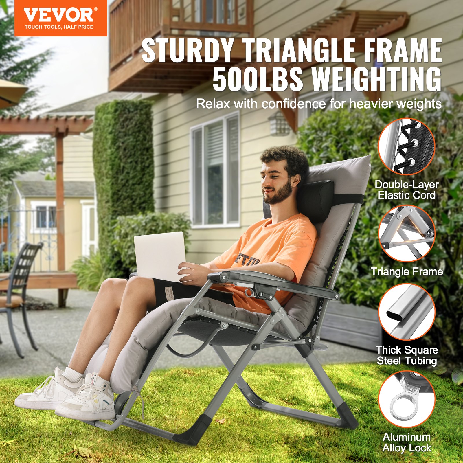 VEVOR Zero Gravity Chair, 825 mm Zero Gravity Recliner Lounge Chair for Indoor and Outdoor, Adjustable Anti Gravity Chair with Cushion, Headrest, Footrest, and Cupholder, 500 lbs, Gray
