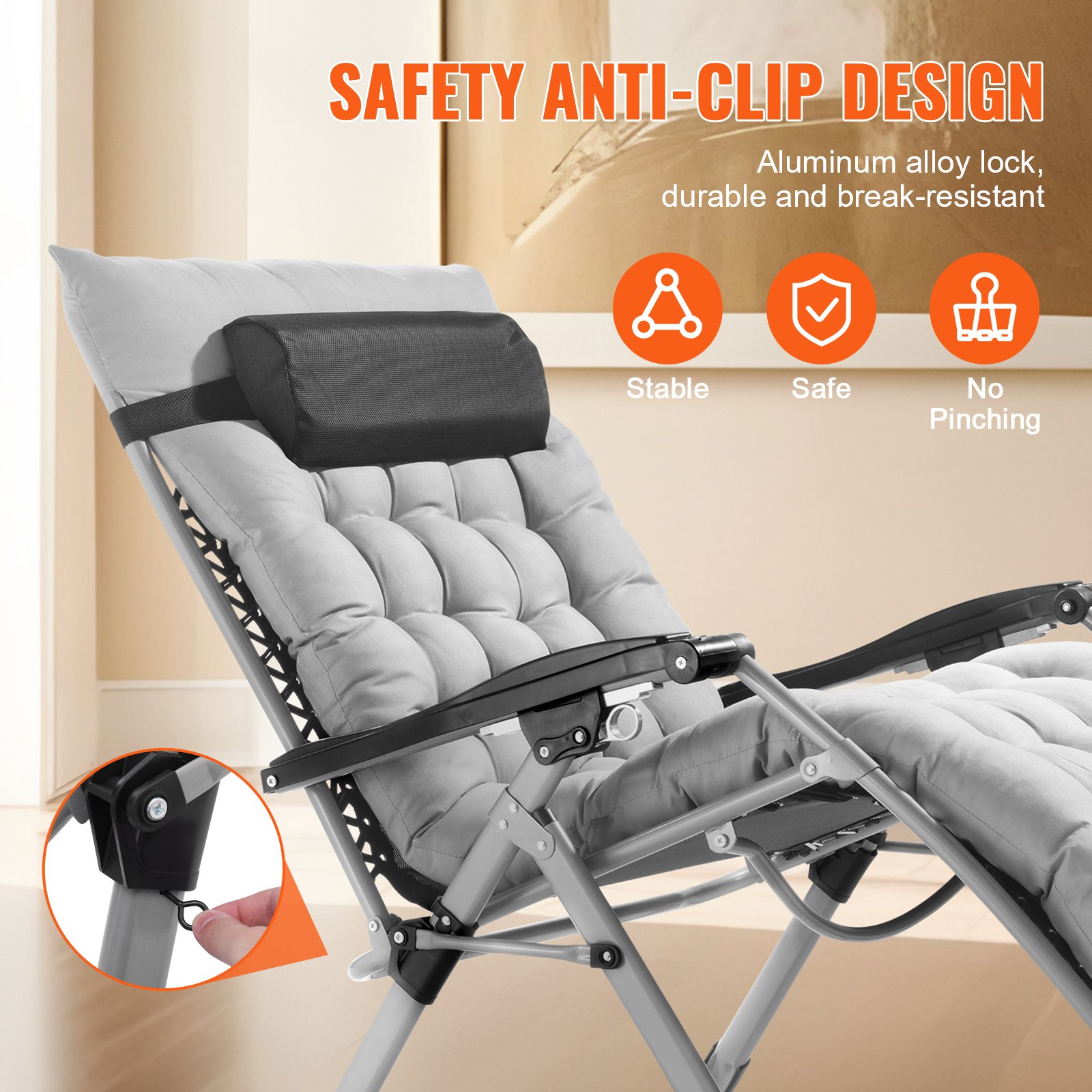 VEVOR Zero Gravity Chair, 825 mm Zero Gravity Recliner Lounge Chair for Indoor and Outdoor, Adjustable Anti Gravity Chair with Cushion, Headrest, Footrest, and Cupholder, 500 lbs, Gray