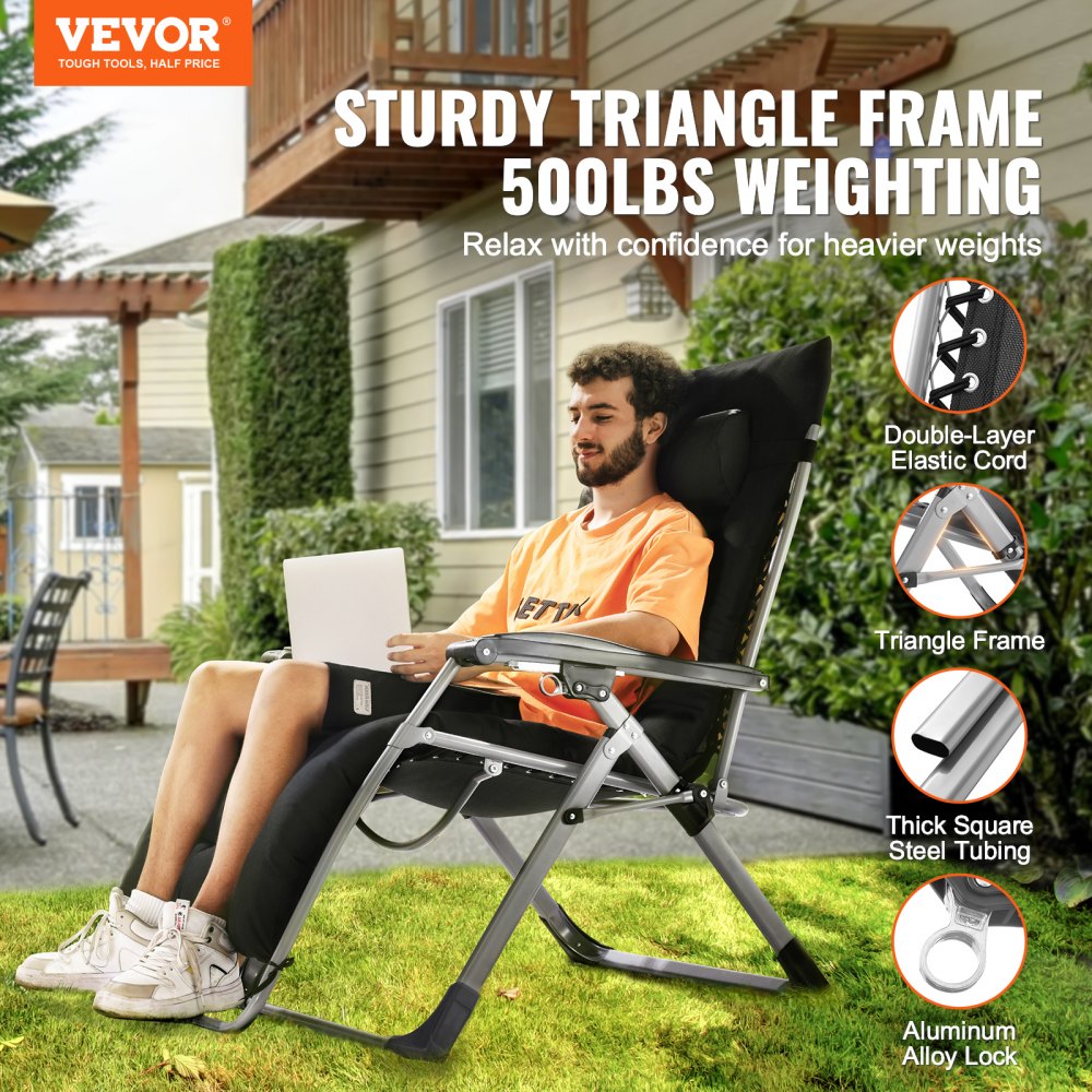 VEVOR Zero Gravity Chair, 825 mm Zero Gravity Recliner Lounge Chair for Indoor and Outdoor, Adjustable Anti Gravity Chair with Cushion, Headrest, Footrest, and Cupholder, 500 lbs, Black