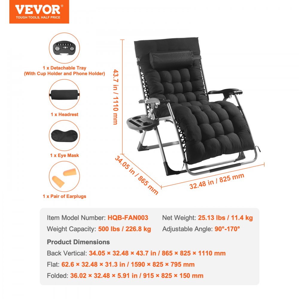 VEVOR Zero Gravity Chair, 825 mm Zero Gravity Recliner Lounge Chair for Indoor and Outdoor, Adjustable Anti Gravity Chair with Cushion, Headrest, Footrest, and Cupholder, 500 lbs, Black