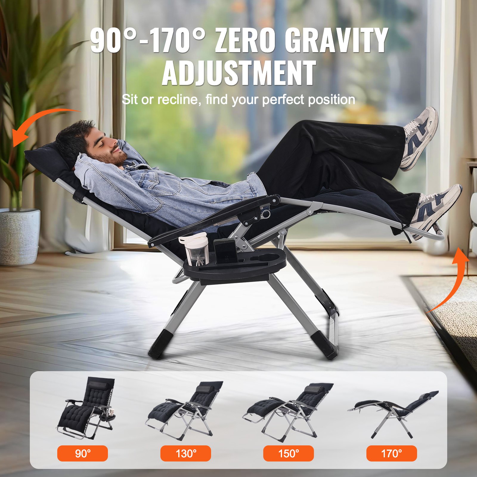 VEVOR Zero Gravity Chair, 825 mm Zero Gravity Recliner Lounge Chair for Indoor and Outdoor, Adjustable Anti Gravity Chair with Cushion, Headrest, Footrest, and Cupholder, 500 lbs, Black