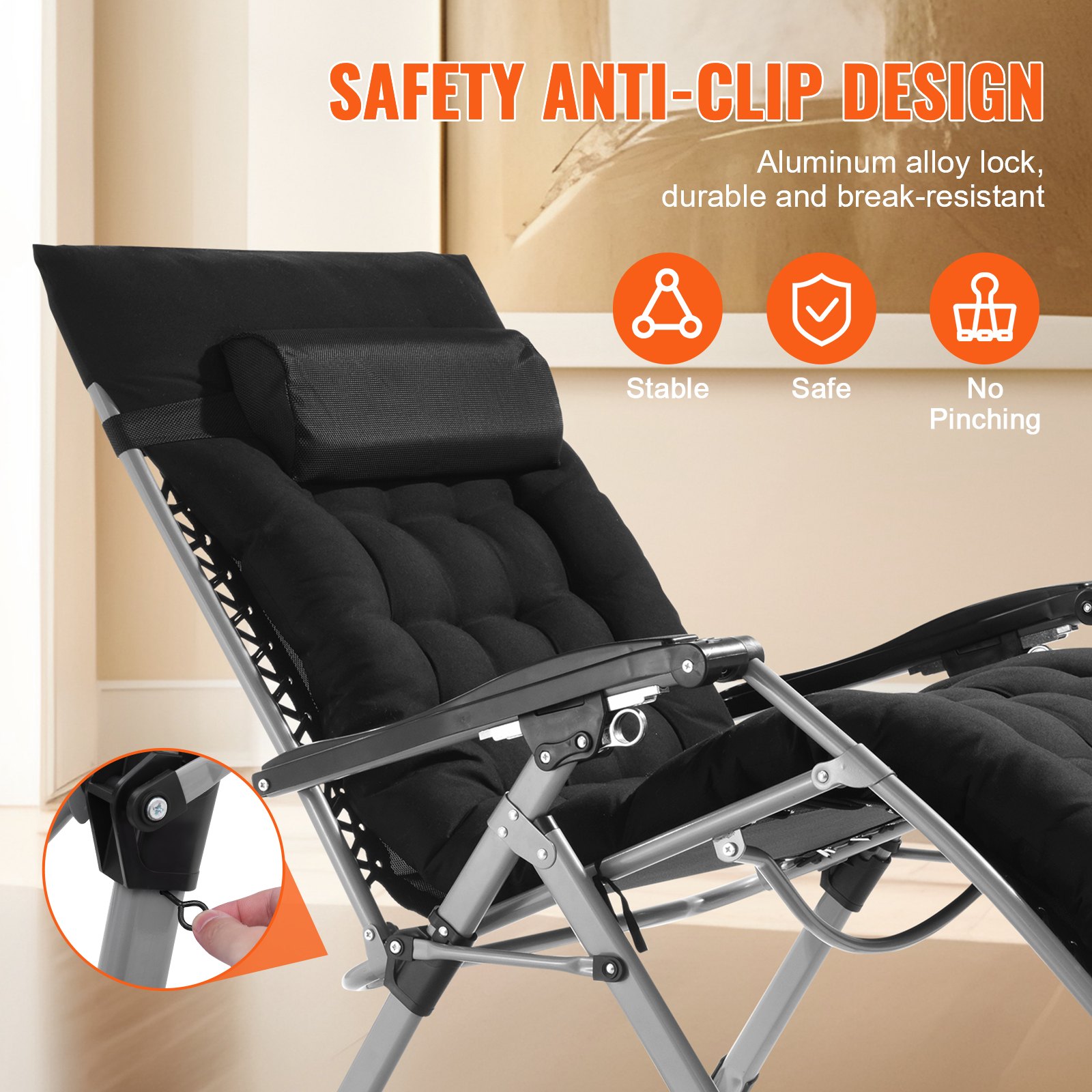 VEVOR Zero Gravity Chair, 825 mm Zero Gravity Recliner Lounge Chair for Indoor and Outdoor, Adjustable Anti Gravity Chair with Cushion, Headrest, Footrest, and Cupholder, 500 lbs, Black