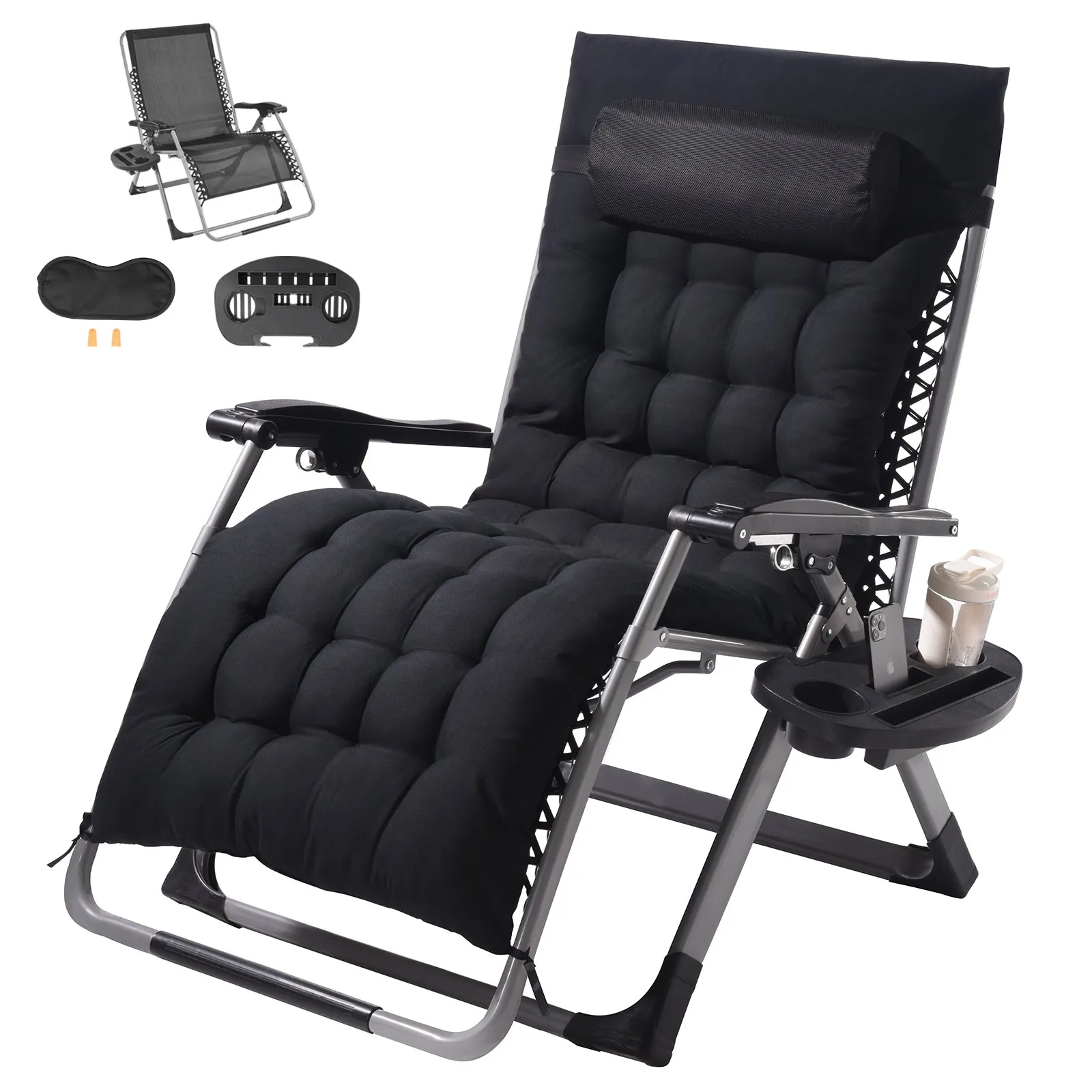 VEVOR Zero Gravity Chair, 825 mm Zero Gravity Recliner Lounge Chair for Indoor and Outdoor, Adjustable Anti Gravity Chair with Cushion, Headrest, Footrest, and Cupholder, 500 lbs, Black