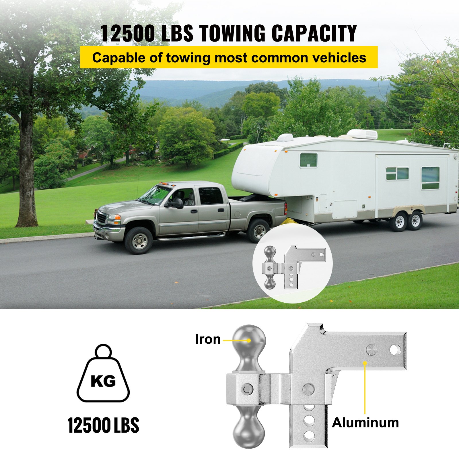 VEVOR Adjustable Trailer Hitch, Fits 2" Receiver, 4" Drop Ball Mount Hitch w/ Forged Aluminum Shank & Two Iron Balls, 12500 LBS Towing Capacity for Most Common Needs, Dual Locking Pins Included