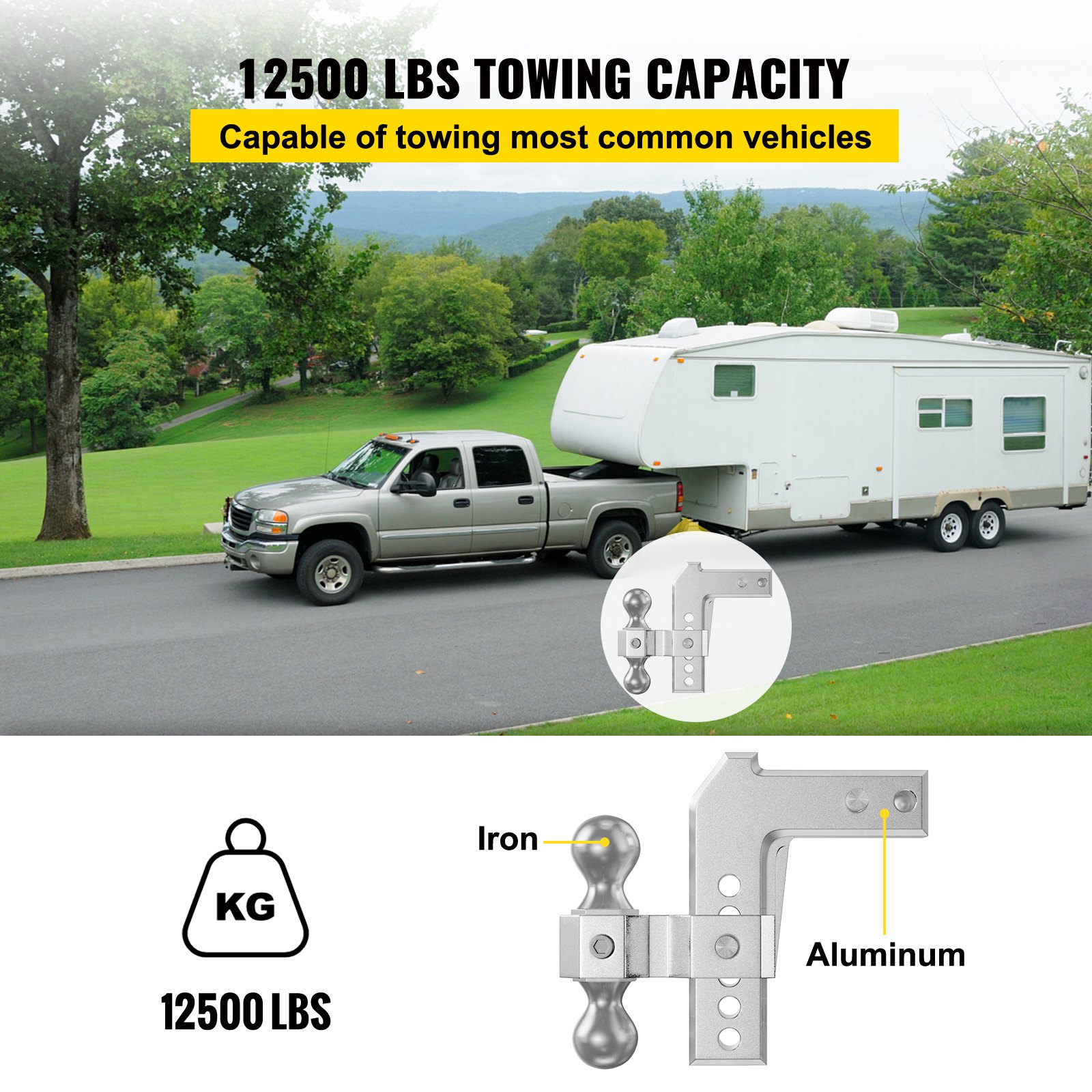 VEVOR Adjustable Trailer Hitch, Fits 2" Receiver, 6" Drop Ball Mount Hitch w/ Forged Aluminum Shank ＆ Two Iron Balls, 12500 LBS Towing Capacity for Most Common Needs, Dual Locking Pins Included