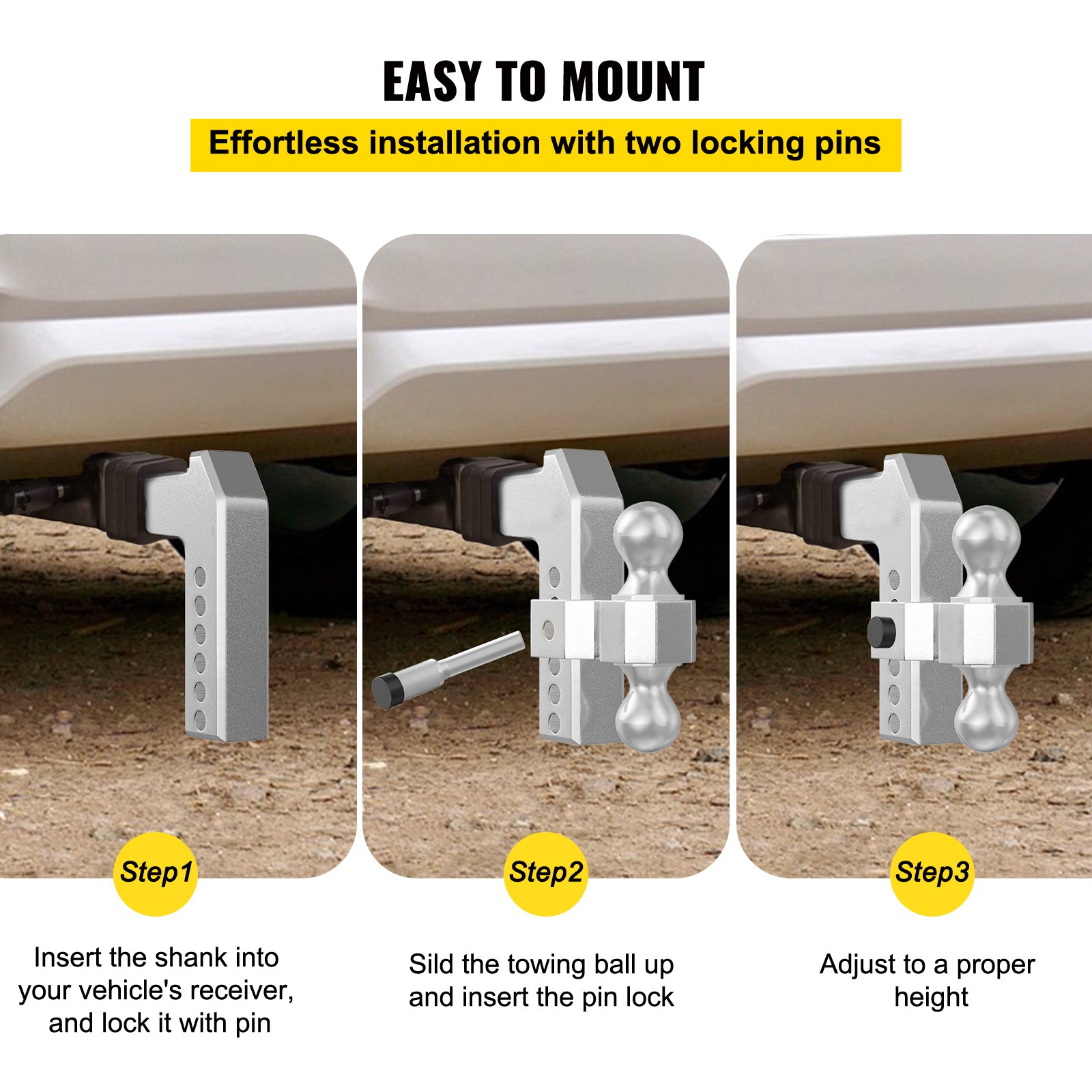 VEVOR Adjustable Trailer Hitch, Fits 2" Receiver, 6" Drop Ball Mount Hitch w/ Forged Aluminum Shank ＆ Two Iron Balls, 12500 LBS Towing Capacity for Most Common Needs, Dual Locking Pins Included
