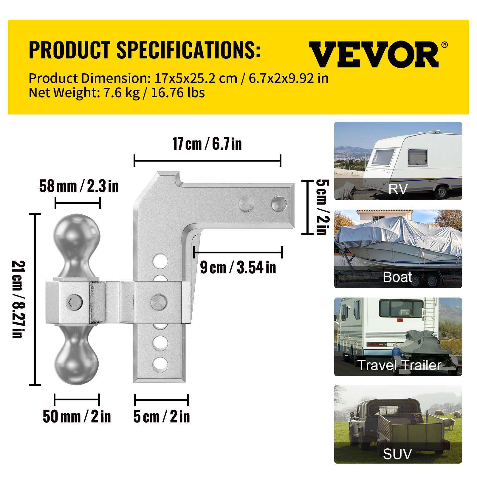 VEVOR Adjustable Trailer Hitch, Fits 2" Receiver, 6" Drop Ball Mount Hitch w/ Forged Aluminum Shank ＆ Two Iron Balls, 12500 LBS Towing Capacity for Most Common Needs, Dual Locking Pins Included