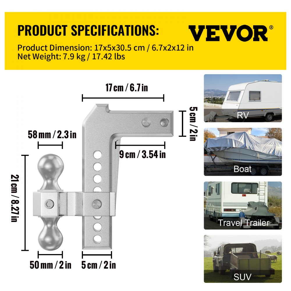 Enganche de remolque ajustable VEVOR, se adapta a receptor de 2", enganche de montaje de bola de caída de 8" con vástago de aluminio forjado y dos bolas de hierro, capacidad de remolque de 12500 libras para las necesidades más comunes, pasadores de bloqueo dobles incluidos