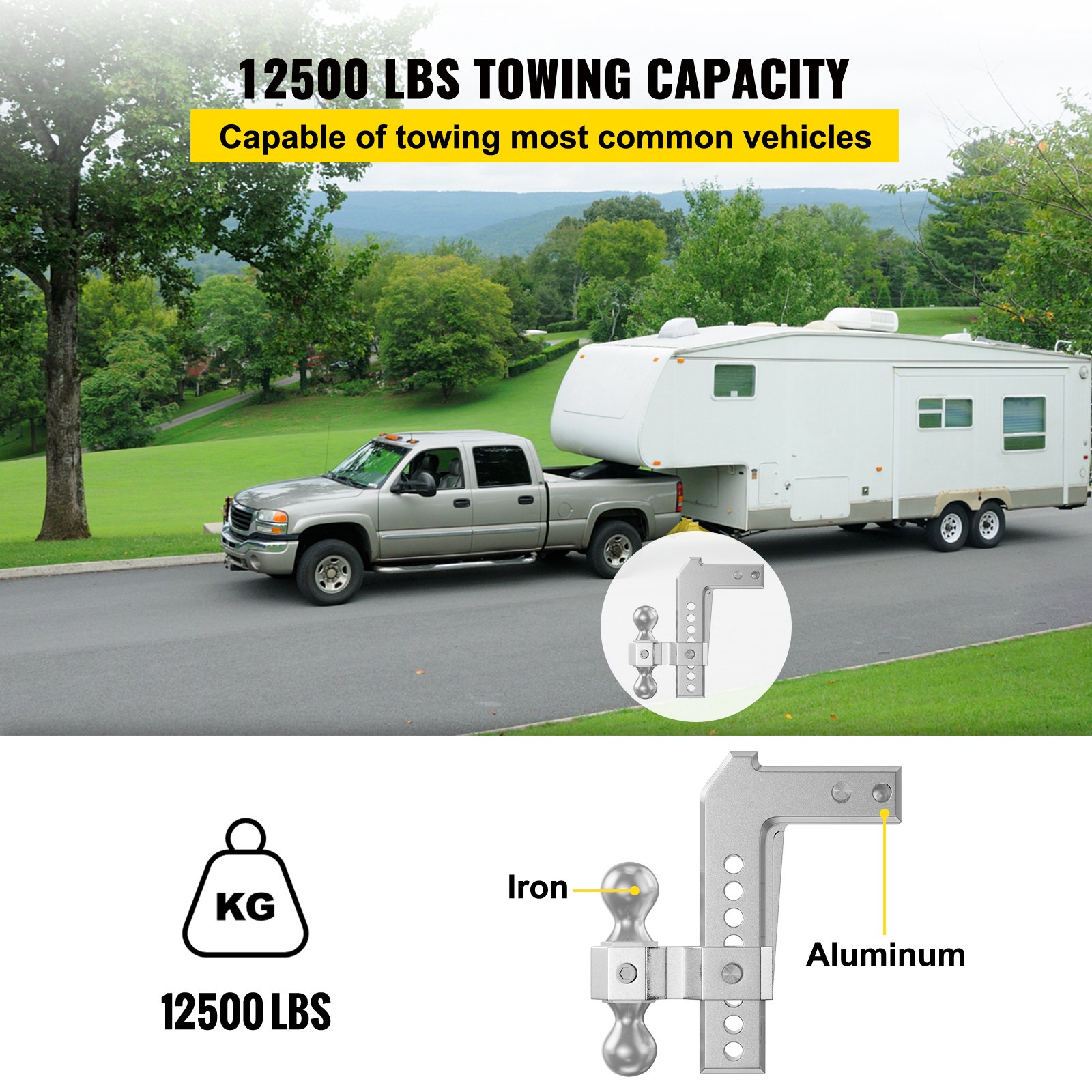 VEVOR Adjustable Trailer Hitch, Fits 2" Receiver, 8" Drop Ball Mount Hitch w/ Forged Aluminum Shank ＆ Two Iron Balls, 12500 LBS Towing Capacity for Most Common Needs, Dual Locking Pins Included