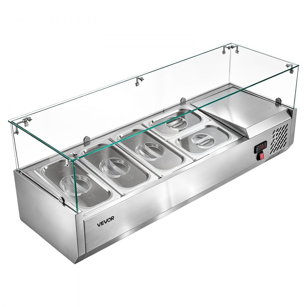 Unidad de preparación refrigerada de mostrador VEVOR, estación de preparación de condimentos de 26.4 cuartos de galón, certificación ETL, para barra de ensaladas de restaurantes comerciales, 160 W, con 3 bandejas de 1/3 y 2 de 1/4, descongelación automática, temperatura ajustable, protector contra estornudos de vidrio.