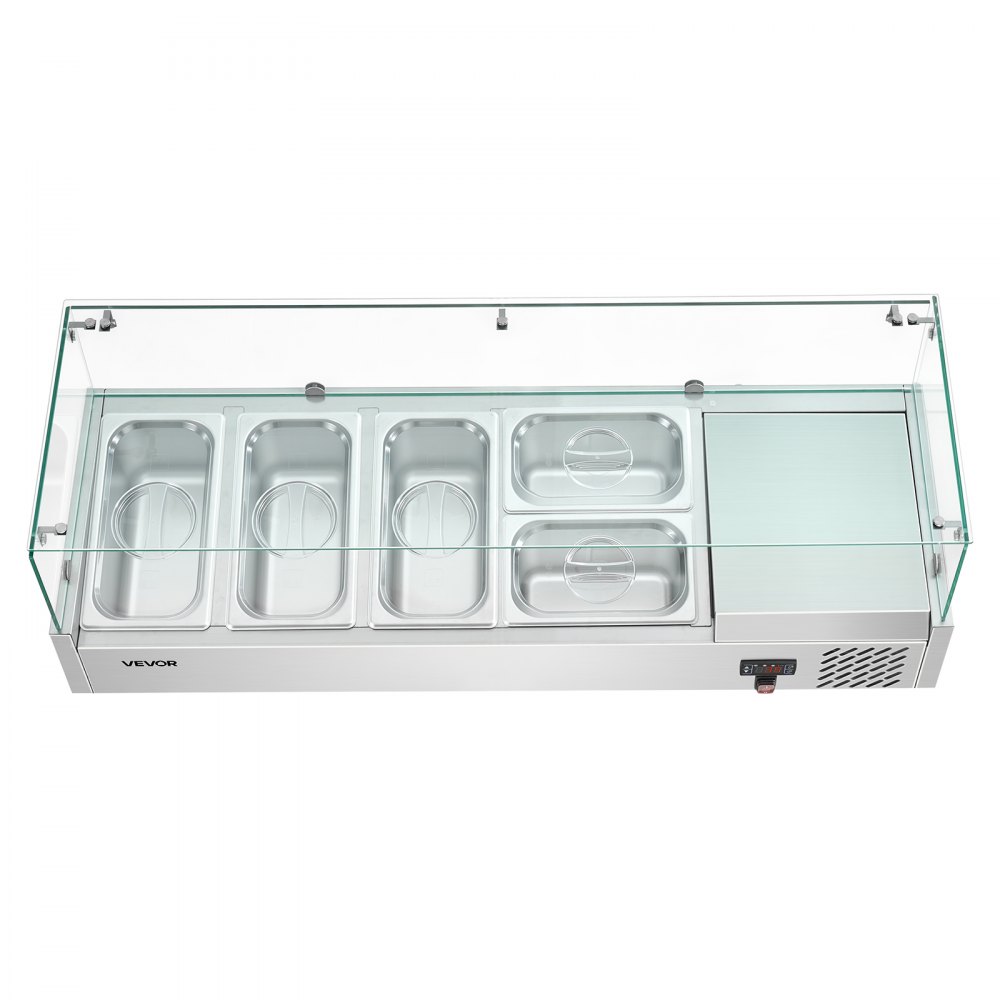 Unidad de preparación refrigerada de mostrador VEVOR, estación de preparación de condimentos de 26.4 cuartos de galón, certificación ETL, para barra de ensaladas de restaurantes comerciales, 160 W, con 3 bandejas de 1/3 y 2 de 1/4, descongelación automática, temperatura ajustable, protector contra estornudos de vidrio.