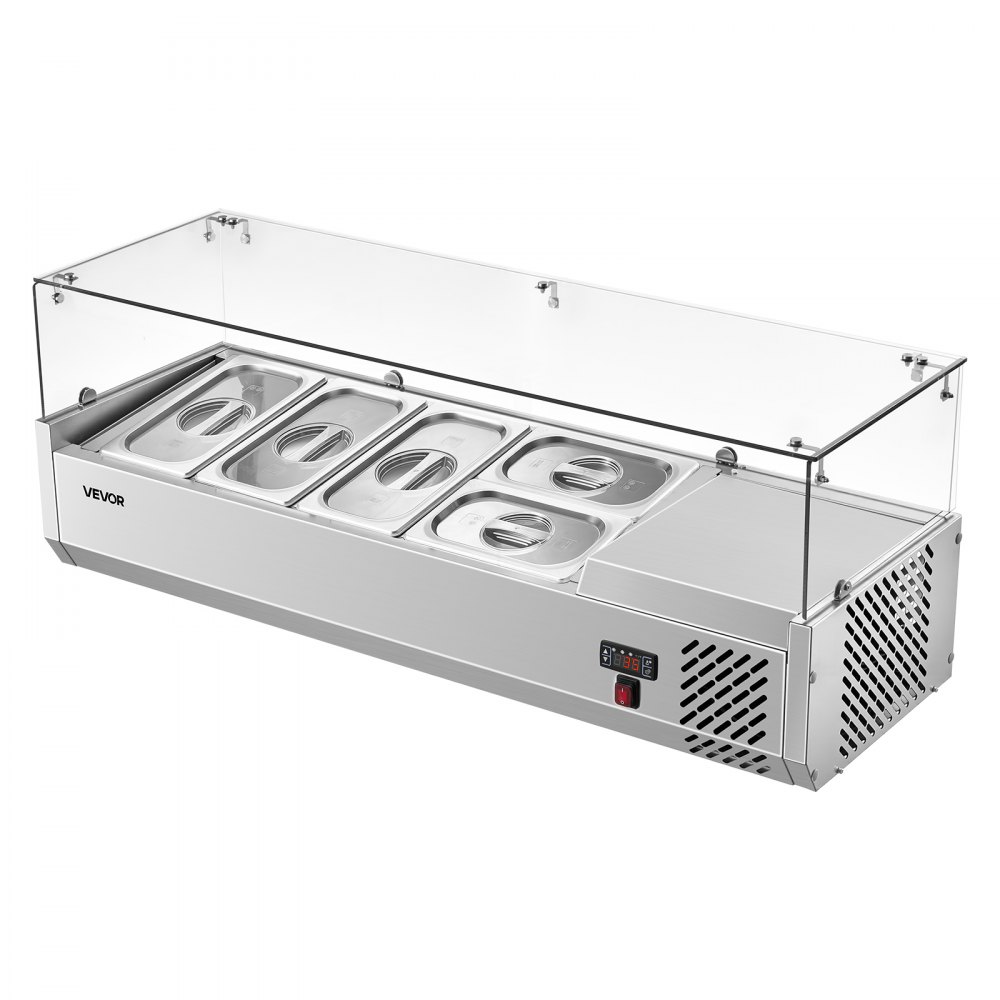 Unidad de preparación refrigerada de mostrador VEVOR, estación de preparación de condimentos de 26.4 cuartos de galón, certificación ETL, para barra de ensaladas de restaurantes comerciales, 160 W, con 3 bandejas de 1/3 y 2 de 1/4, descongelación automática, temperatura ajustable, protector contra estornudos de vidrio.