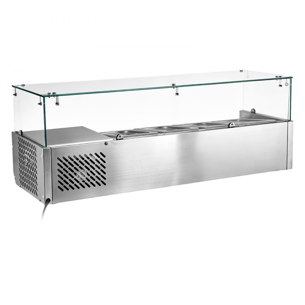 Unidad de preparación refrigerada de mostrador VEVOR, estación de preparación de condimentos de 26.4 cuartos de galón, certificación ETL, para barra de ensaladas de restaurantes comerciales, 160 W, con 3 bandejas de 1/3 y 2 de 1/4, descongelación automática, temperatura ajustable, protector contra estornudos de vidrio.