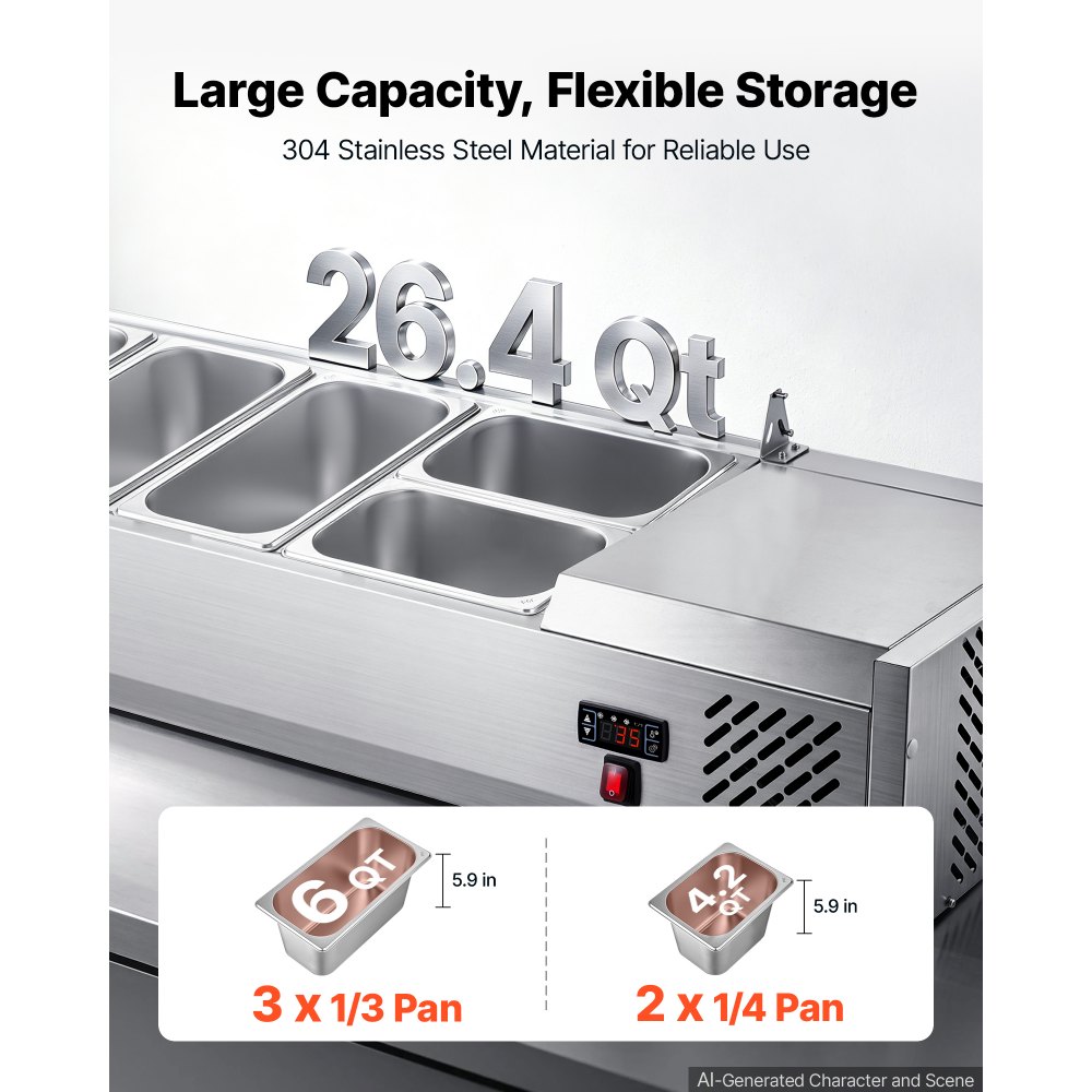 VEVOR Refrigerated Countertop Prep Unit Condiment Prep Station 26.4QT ETL, for Commercial Restaurant Salad Bar, 160W, with 3 x 1/3 & 2 x 1/4 Pans, Auto Defrost, Temp Control, Stainless Steel Cover
