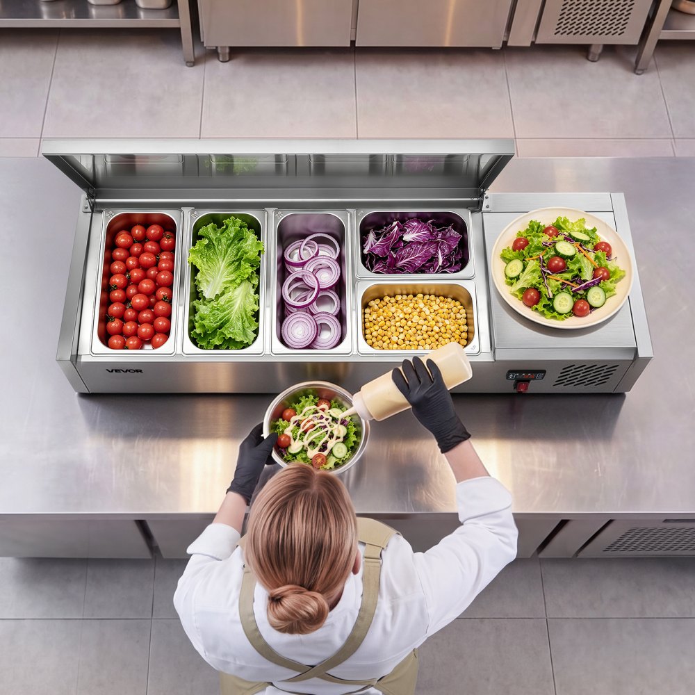 VEVOR Refrigerated Countertop Prep Unit Condiment Prep Station 26.4QT ETL, for Commercial Restaurant Salad Bar, 160W, with 3 x 1/3 & 2 x 1/4 Pans, Auto Defrost, Temp Control, Stainless Steel Cover