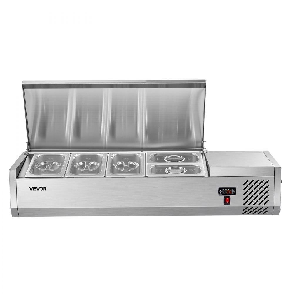 VEVOR Refrigerated Countertop Prep Unit Condiment Prep Station 26.4QT ETL, for Commercial Restaurant Salad Bar, 160W, with 3 x 1/3 & 2 x 1/4 Pans, Auto Defrost, Temp Control, Stainless Steel Cover