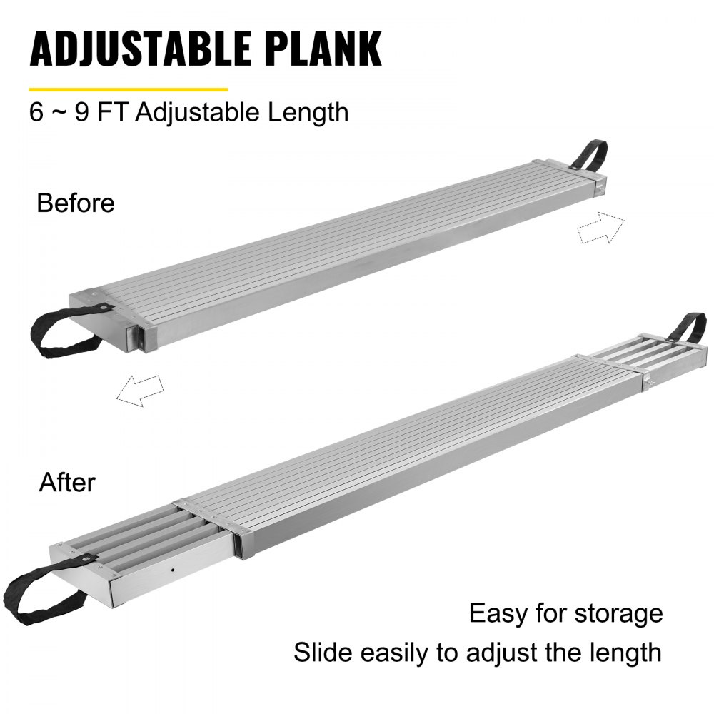 VEVOR Aluminum Work Plank, 6-9ft Telescoping Plank, 440lbs Capacity Aluminum Extension Plank, 12.5 inch Width, Aluminum Scaffolding Plank with Skid-Proof Platform Scaffold Ladder Accessory