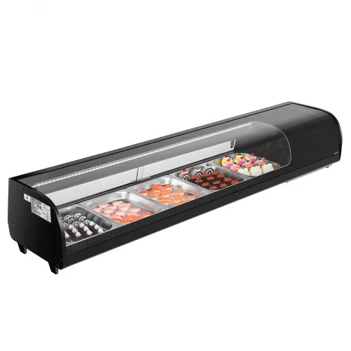 VEVOR Sushi Display Case Refrigerator, 2.9 Cu.ft Commercial Sushi Case, 5-Pan Countertop  Showcase with Curved Glass, LED Lighting, and Digital Temperature Control, for Sushi-Bar, Restaurant, Store