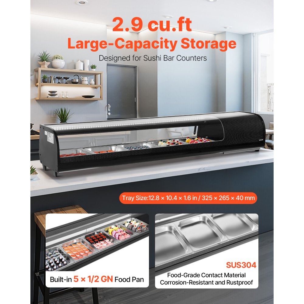VEVOR Sushi Display Case Refrigerator, 2.9 Cu.ft Commercial Sushi Case, 5-Pan Countertop  Showcase with Curved Glass, LED Lighting, and Digital Temperature Control, for Sushi-Bar, Restaurant, Store