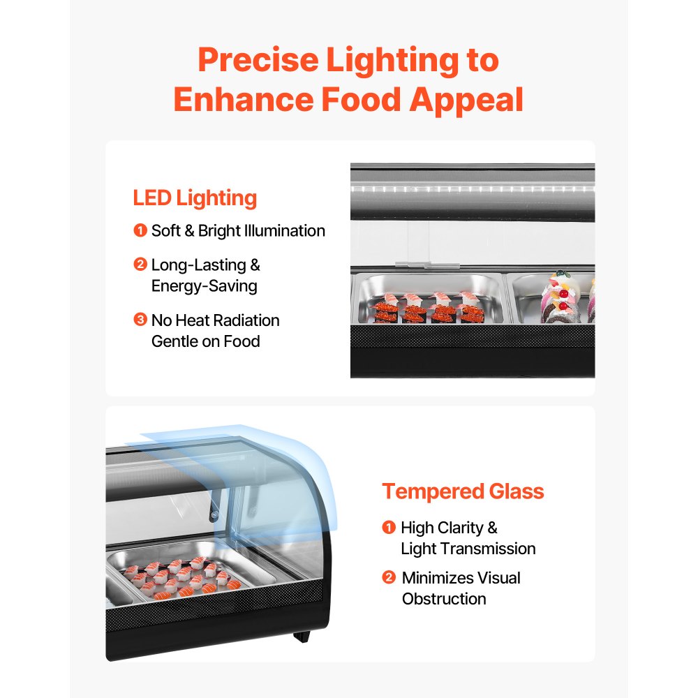 VEVOR Sushi Display Case Refrigerator, 2.9 Cu.ft Commercial Sushi Case, 5-Pan Countertop  Showcase with Curved Glass, LED Lighting, and Digital Temperature Control, for Sushi-Bar, Restaurant, Store