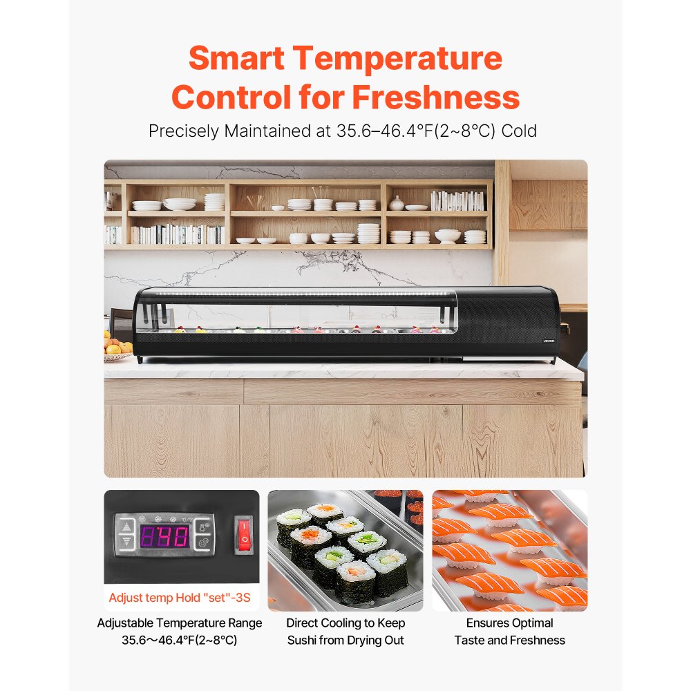 VEVOR Sushi Display Case Refrigerator, 2.9 Cu.ft Commercial Sushi Case, 5-Pan Countertop  Showcase with Curved Glass, LED Lighting, and Digital Temperature Control, for Sushi-Bar, Restaurant, Store