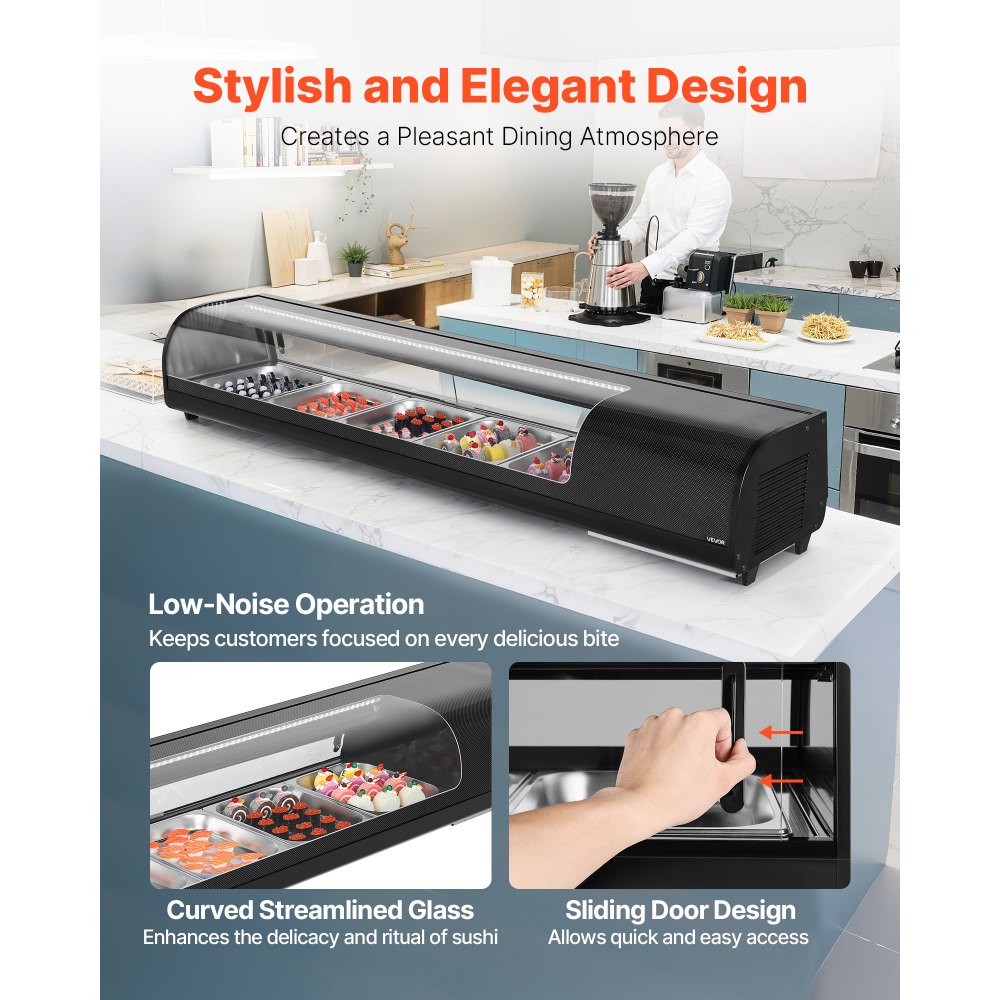 VEVOR Sushi Display Case Refrigerator, 2.9 Cu.ft Commercial Sushi Case, 5-Pan Countertop  Showcase with Curved Glass, LED Lighting, and Digital Temperature Control, for Sushi-Bar, Restaurant, Store