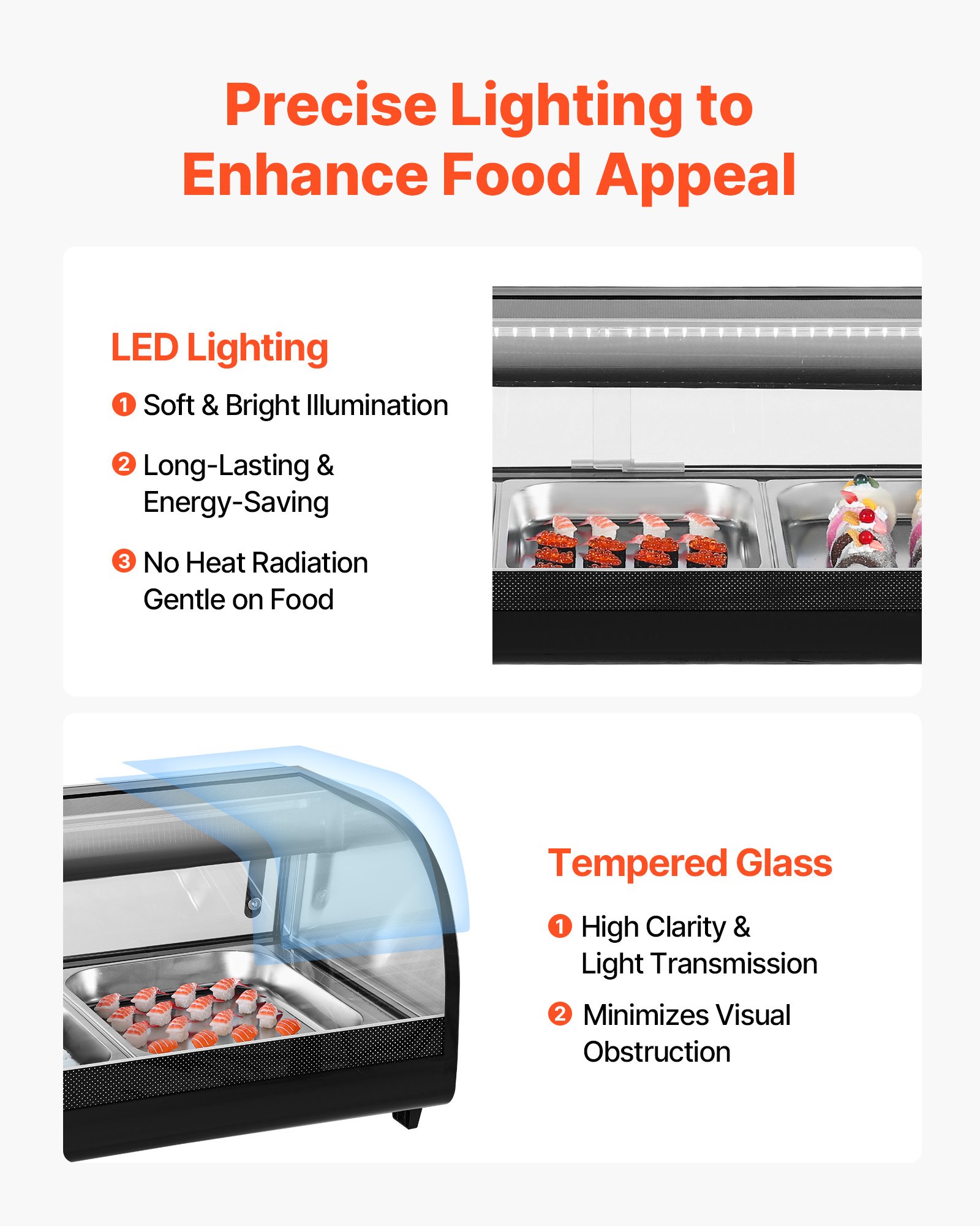 VEVOR Sushi Display Case Refrigerator, 2.9 Cu.ft Commercial Sushi Case, 5-Pan Countertop  Showcase with Curved Glass, LED Lighting, and Digital Temperature Control, for Sushi-Bar, Restaurant, Store