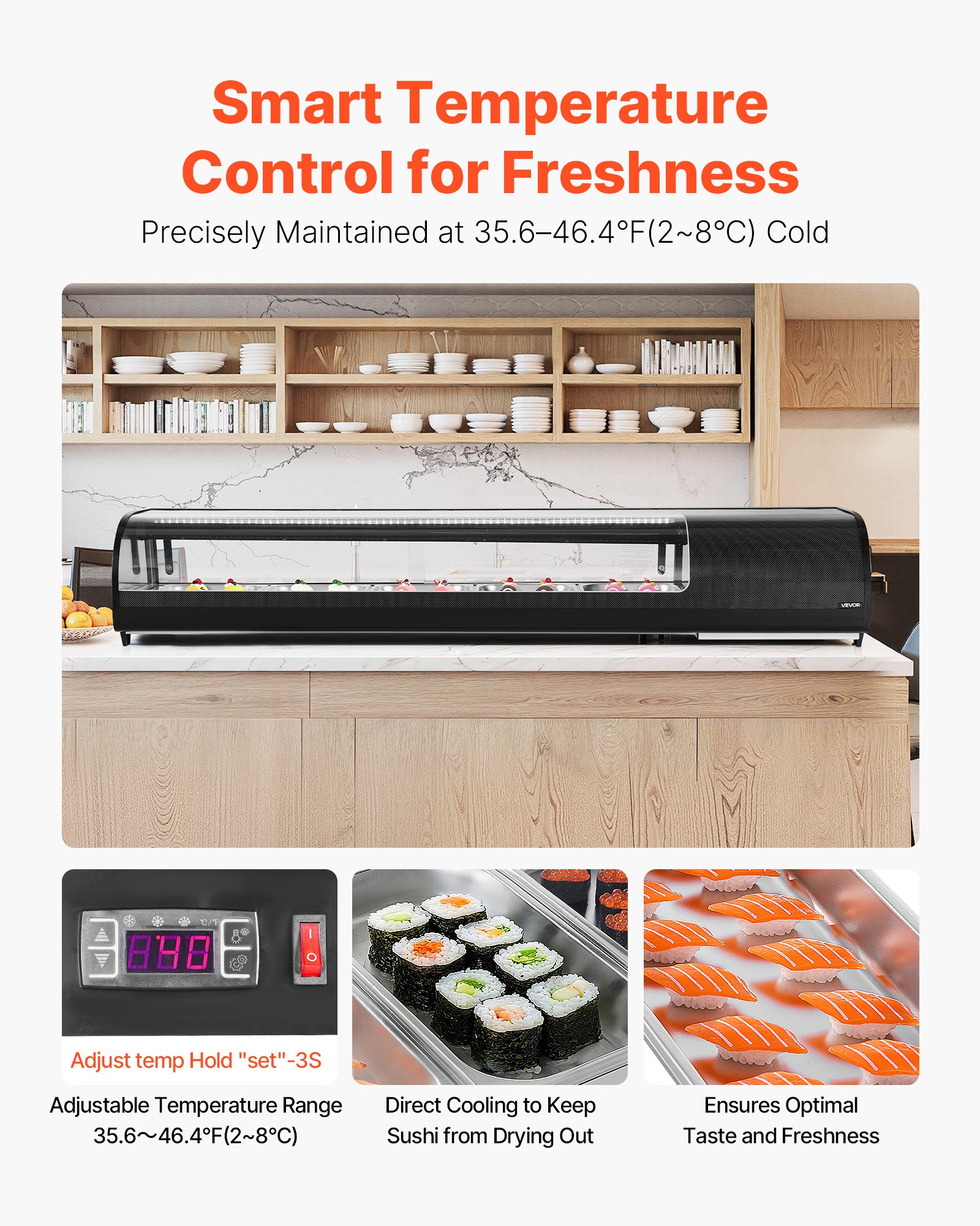 VEVOR Sushi Display Case Refrigerator, 2.9 Cu.ft Commercial Sushi Case, 5-Pan Countertop  Showcase with Curved Glass, LED Lighting, and Digital Temperature Control, for Sushi-Bar, Restaurant, Store