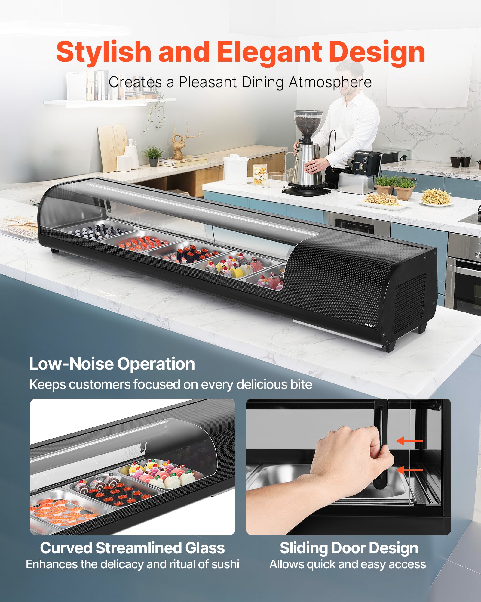 VEVOR Sushi Display Case Refrigerator, 2.9 Cu.ft Commercial Sushi Case, 5-Pan Countertop  Showcase with Curved Glass, LED Lighting, and Digital Temperature Control, for Sushi-Bar, Restaurant, Store