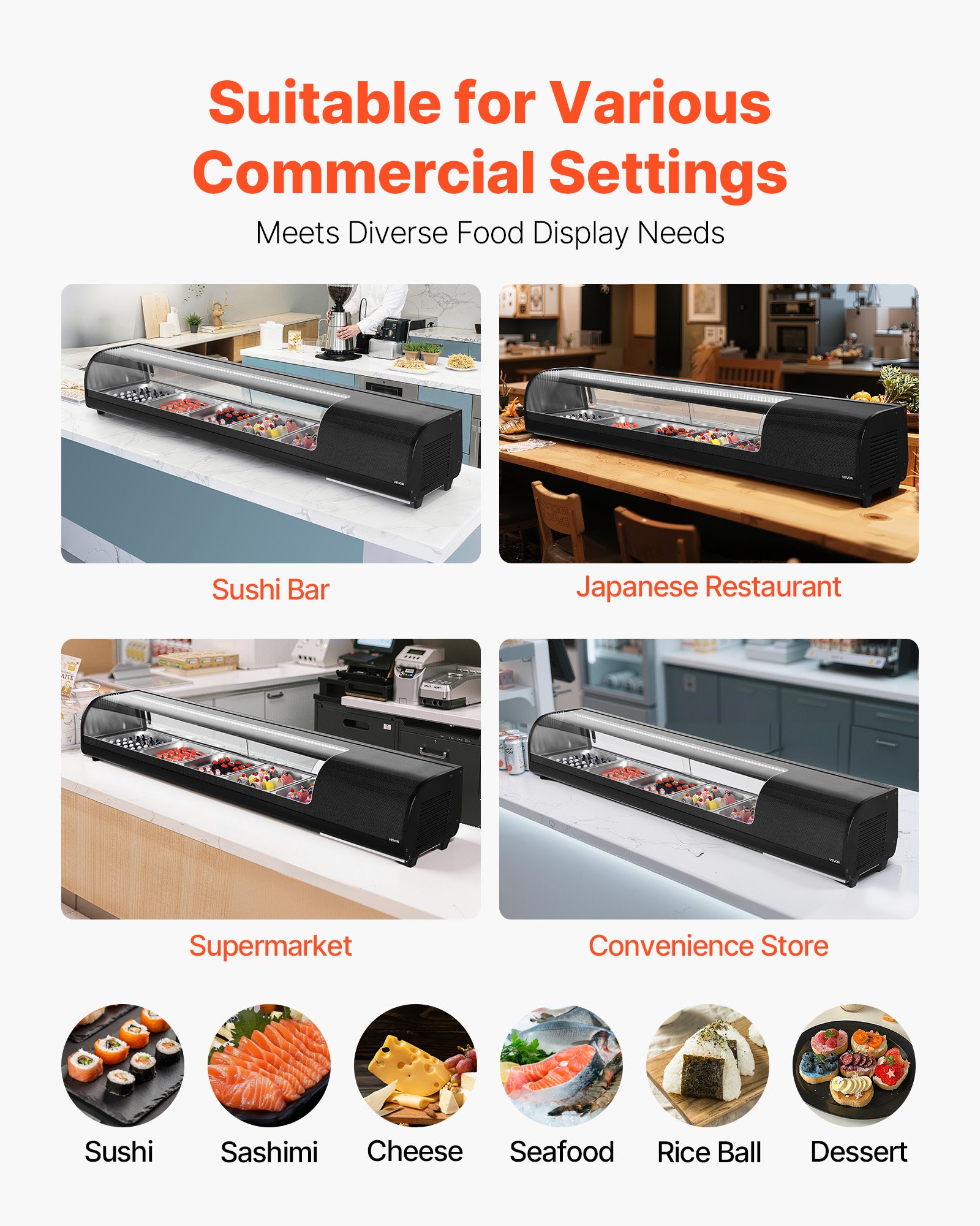 VEVOR Sushi Display Case Refrigerator, 2.9 Cu.ft Commercial Sushi Case, 5-Pan Countertop  Showcase with Curved Glass, LED Lighting, and Digital Temperature Control, for Sushi-Bar, Restaurant, Store