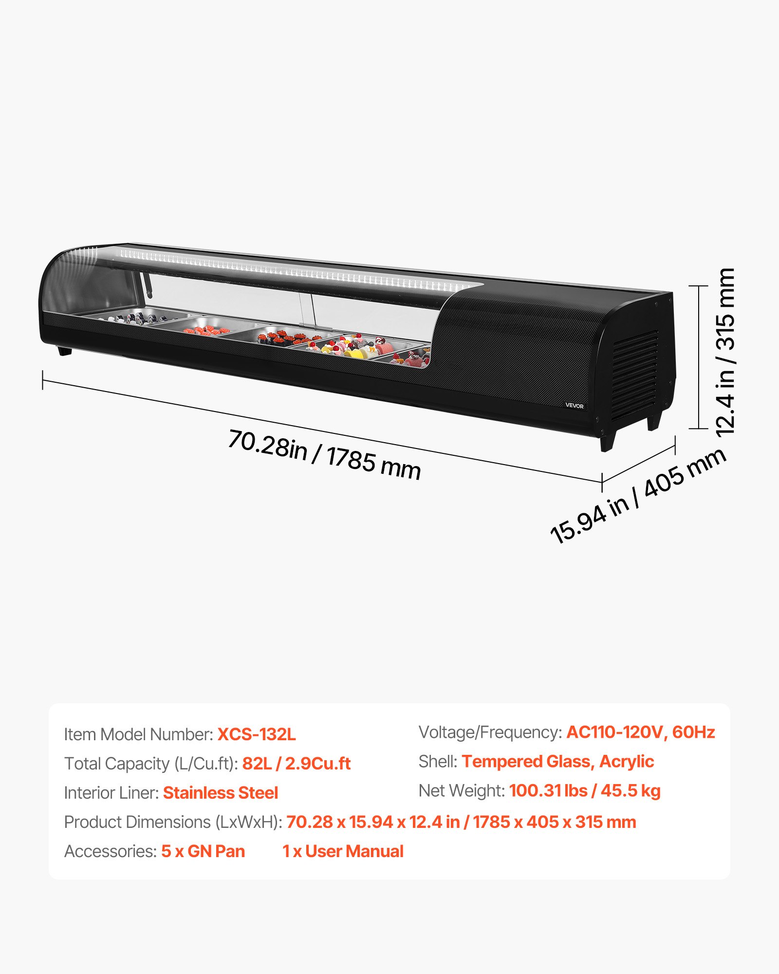VEVOR Sushi Display Case Refrigerator, 2.9 Cu.ft Commercial Sushi Case, 5-Pan Countertop  Showcase with Curved Glass, LED Lighting, and Digital Temperature Control, for Sushi-Bar, Restaurant, Store