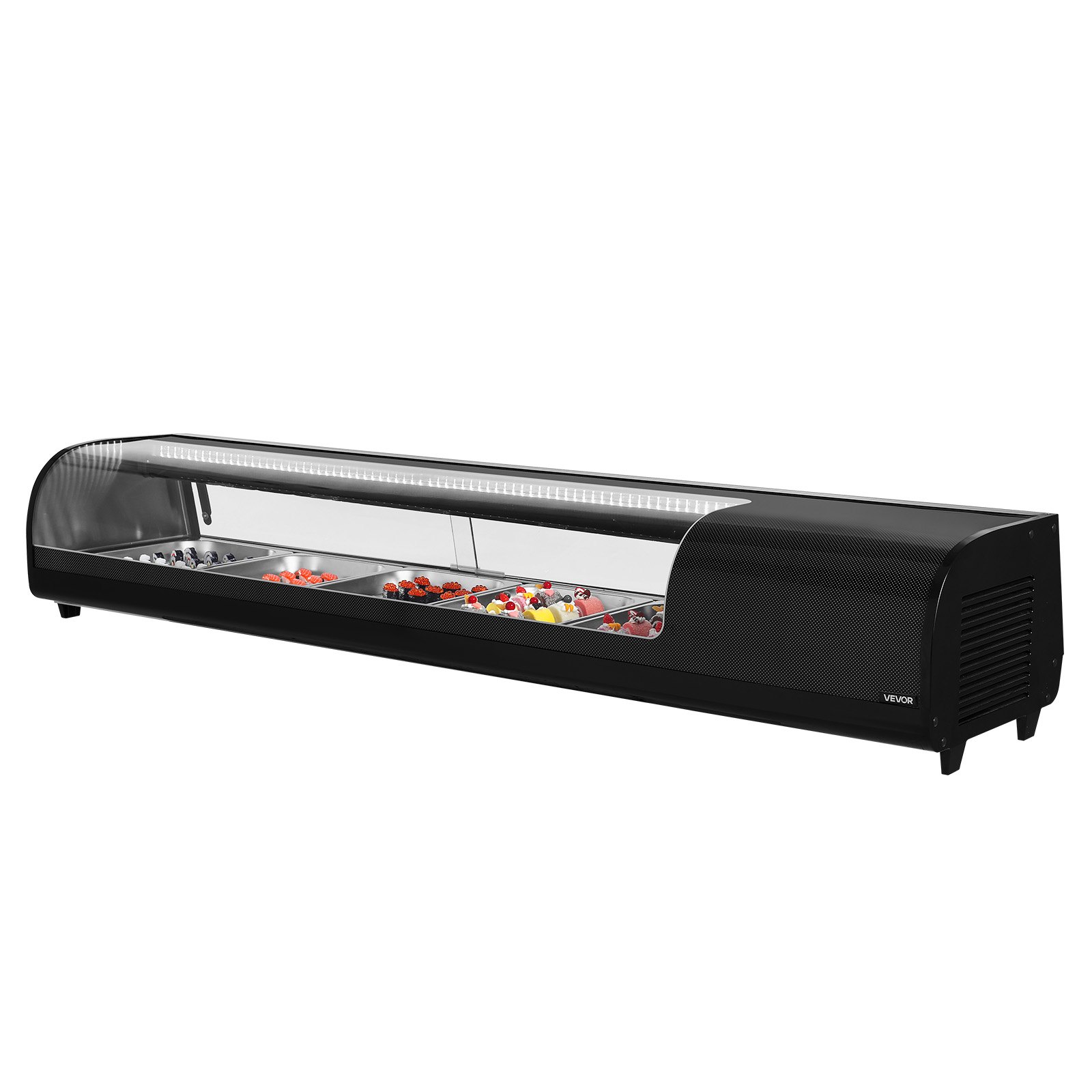 VEVOR Sushi Display Case Refrigerator, 2.9 Cu.ft Commercial Sushi Case, 5-Pan Countertop  Showcase with Curved Glass, LED Lighting, and Digital Temperature Control, for Sushi-Bar, Restaurant, Store