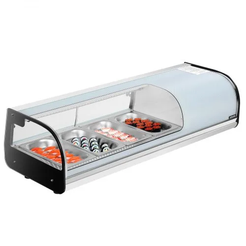 VEVOR Sushi Display Case Refrigerator, 1.5 Cu.ft Commercial Sushi Case, 4-Pan Countertop  Showcase with Curved Glass, LED Lighting, and Digital Temperature Control, for Sushi-Bar, Restaurant, Store