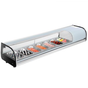 VEVOR Sushi Display Case Refrigerator, 2.5 Cu.ft Commercial Sushi Case, 7-Pan Countertop Showcase with Curved Glass, LED Lighting, and Digital Temperature Control, for Sushi-Bar, Restaurant, Store | VEVOR US