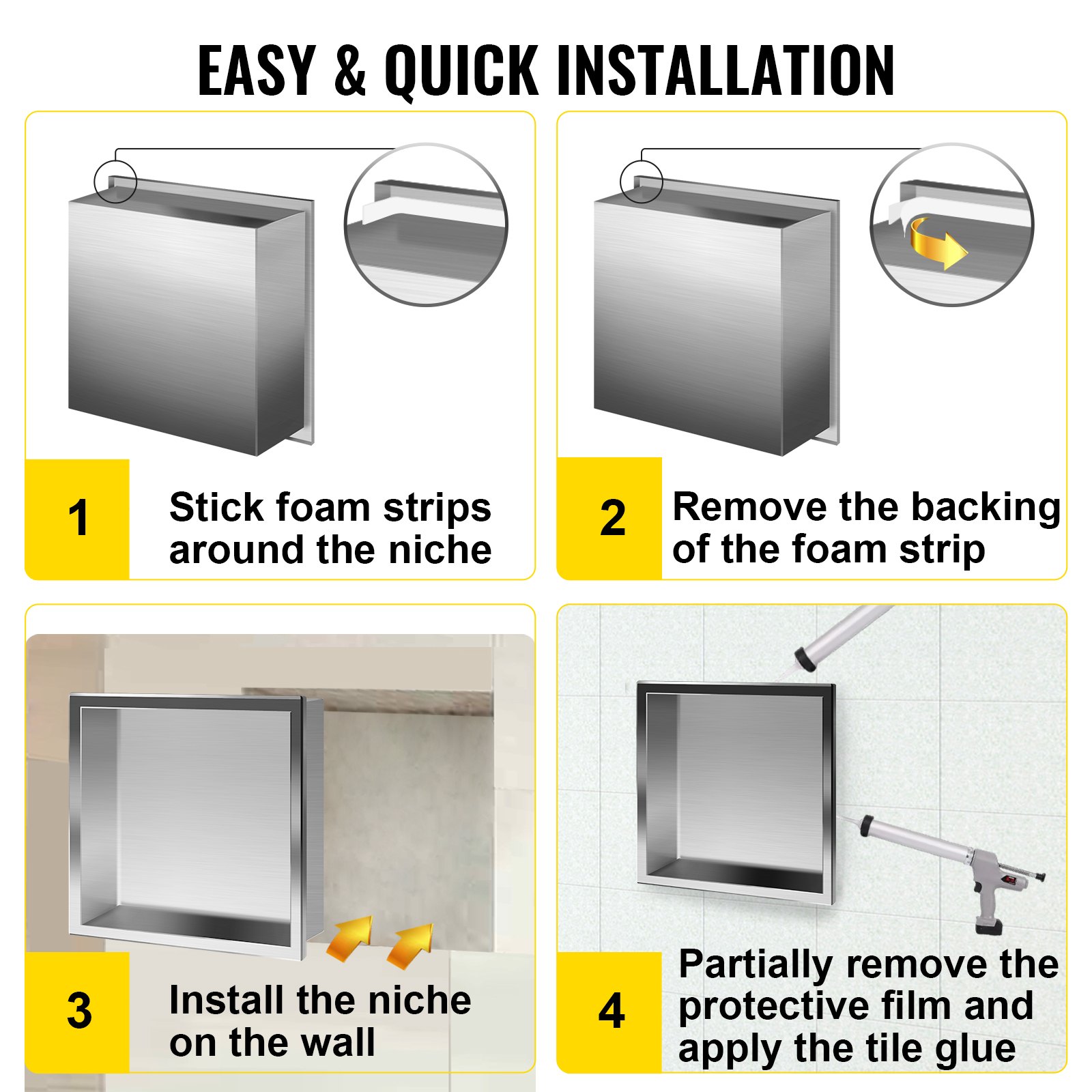 VEVOR Shower Niche Stainless Steel Shower Wall Niche Recessed 30.5x30.5x10.2 cm