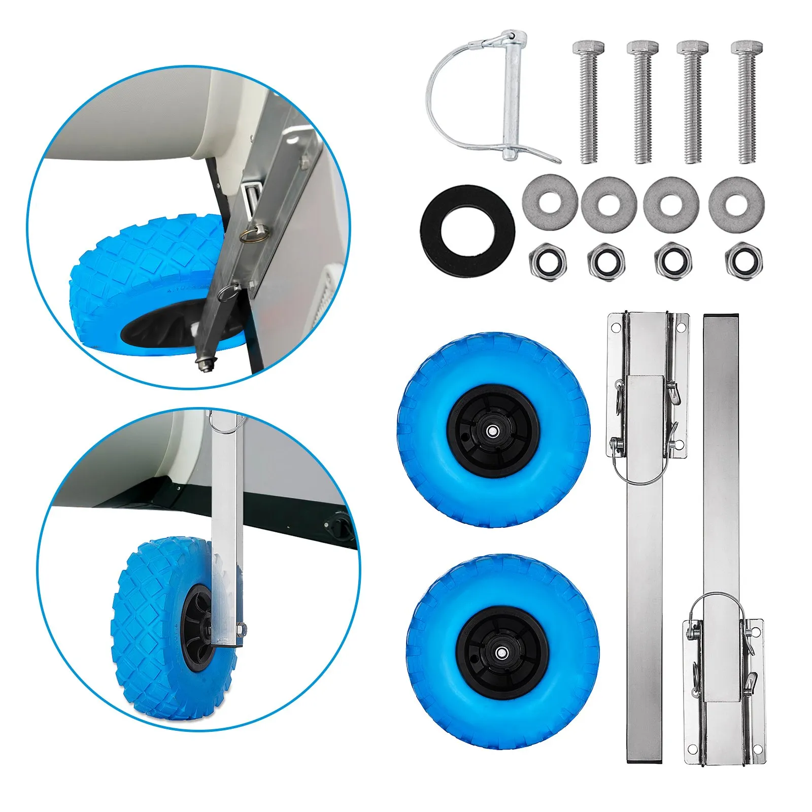 VEVOR boat transom launching wheel with blue wheels, mounting kit, and hardware set.