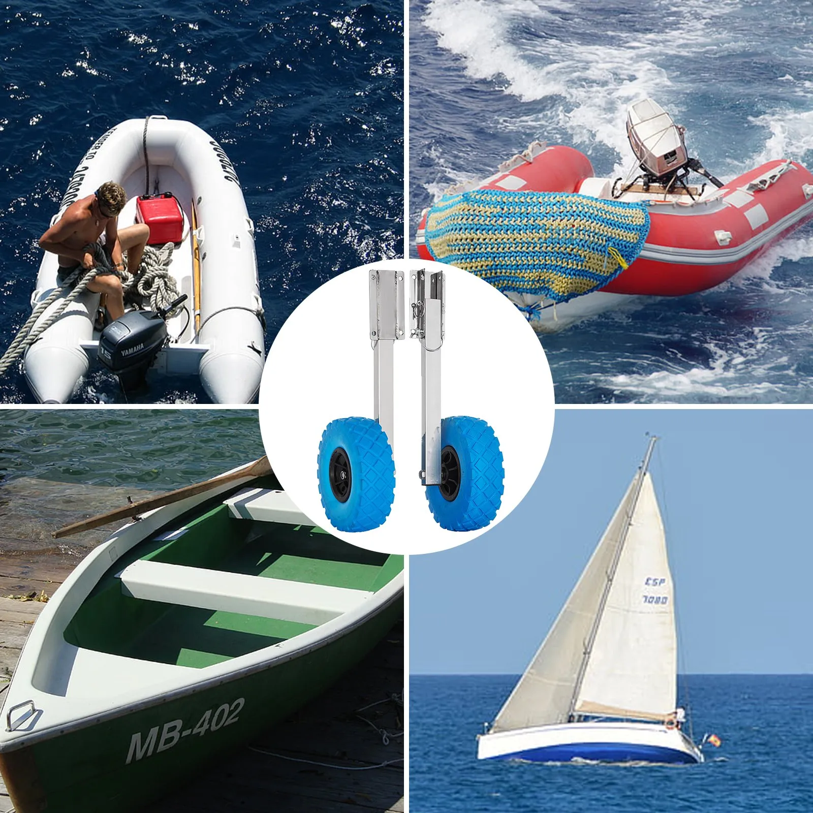 VEVOR boat transom launching wheel with various boats in the background on open water.