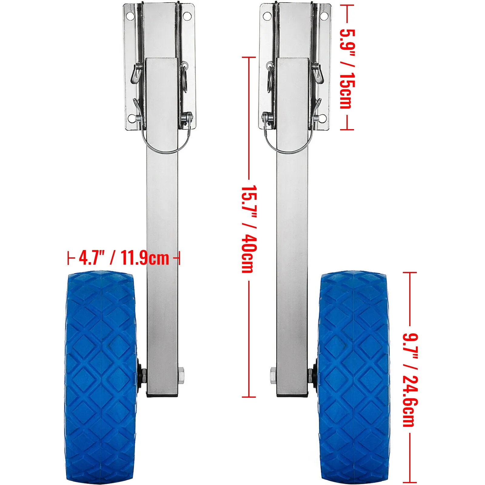 VEVOR boat transom launching wheel with dimensions in inches and centimeters shown.