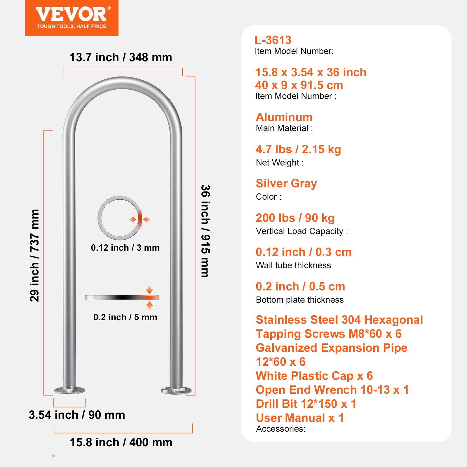 VEVOR Pool Handrail,36 x 13 inch Pool Railing, Aluminum with Base Plate for Indoor/Outdoor Pools, Humanized Swimming Pool Safety Railing for Decks, Rust-Proof Grab Bar with Accessories for Spas Docks