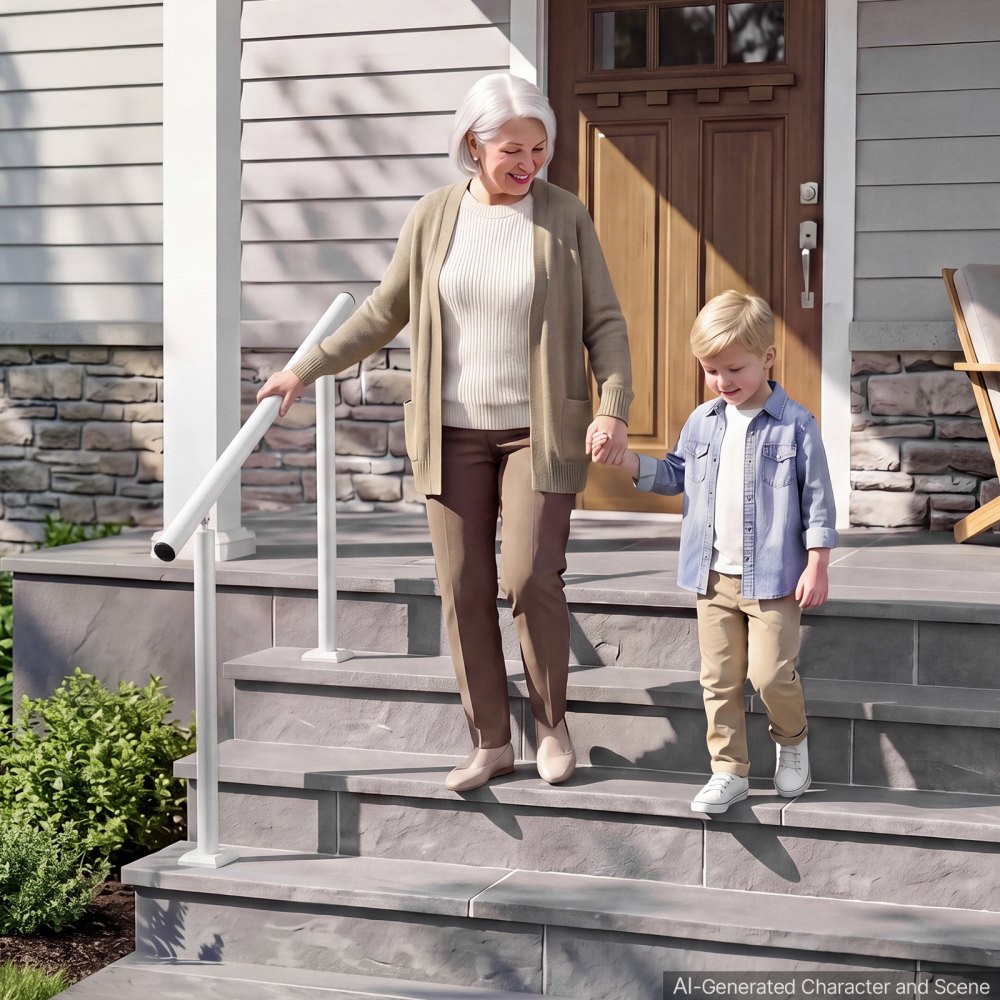 VEVOR Handrails for Outdoor Steps, 2-3 Step Aluminum Stair Hand Rail Kit, White Round Tube Stair Railings for Seniors, Concrete Steps, Porch, Deck, Heavy-Duty with Decorative Cover & Installation Kit
