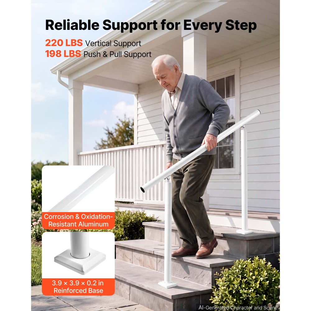 VEVOR Handrails for Outdoor Steps, 3-4 Step Aluminum Stair Hand Rail Kit, White Round Tube Stair Railings for Seniors, Concrete Steps, Porch, Deck, Heavy-Duty with Decorative Cover & Installation Kit
