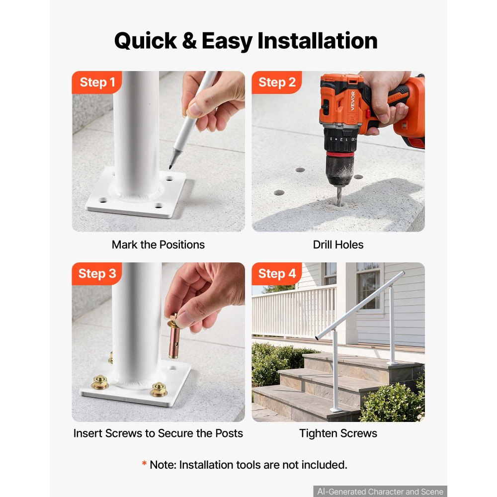 VEVOR Handrails for Outdoor Steps, 3-4 Step Aluminum Stair Hand Rail Kit, White Round Tube Stair Railings for Seniors, Concrete Steps, Porch, Deck, Heavy-Duty with Decorative Cover & Installation Kit