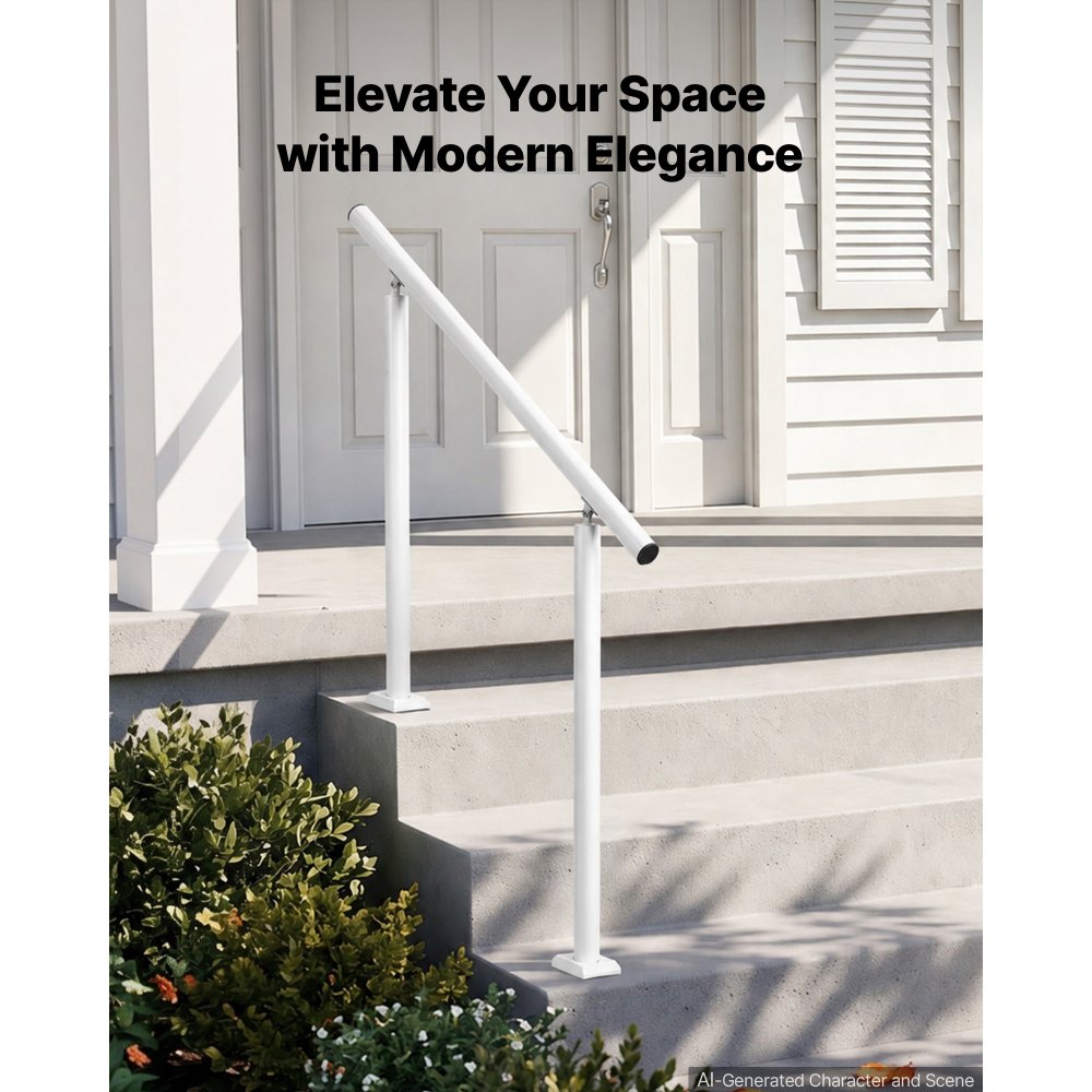 VEVOR Handrails for Outdoor Steps, 3-4 Step Aluminum Stair Hand Rail Kit, White Round Tube Stair Railings for Seniors, Concrete Steps, Porch, Deck, Heavy-Duty with Decorative Cover & Installation Kit