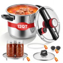 VEVOR Pressure Cooker, 12Qt Pressure Cooker Stainless Steel, Pressures Canner with Steaming Rack, Tempered Glass Lid, Three Pressures Settings for Meat, Beans, Rice, Soup, Sauces, Cook up to 100 kPa