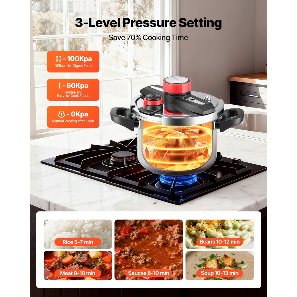 VEVOR Pressure Cooker, 6L Pressure Cooker Stainless Steel, Pressures Canner with Steaming Rack, Tempered Glass Lid, Three Pressures Settings for Meat, Beans, Rice, Soup, Sauces, Cook up to 100 kPa