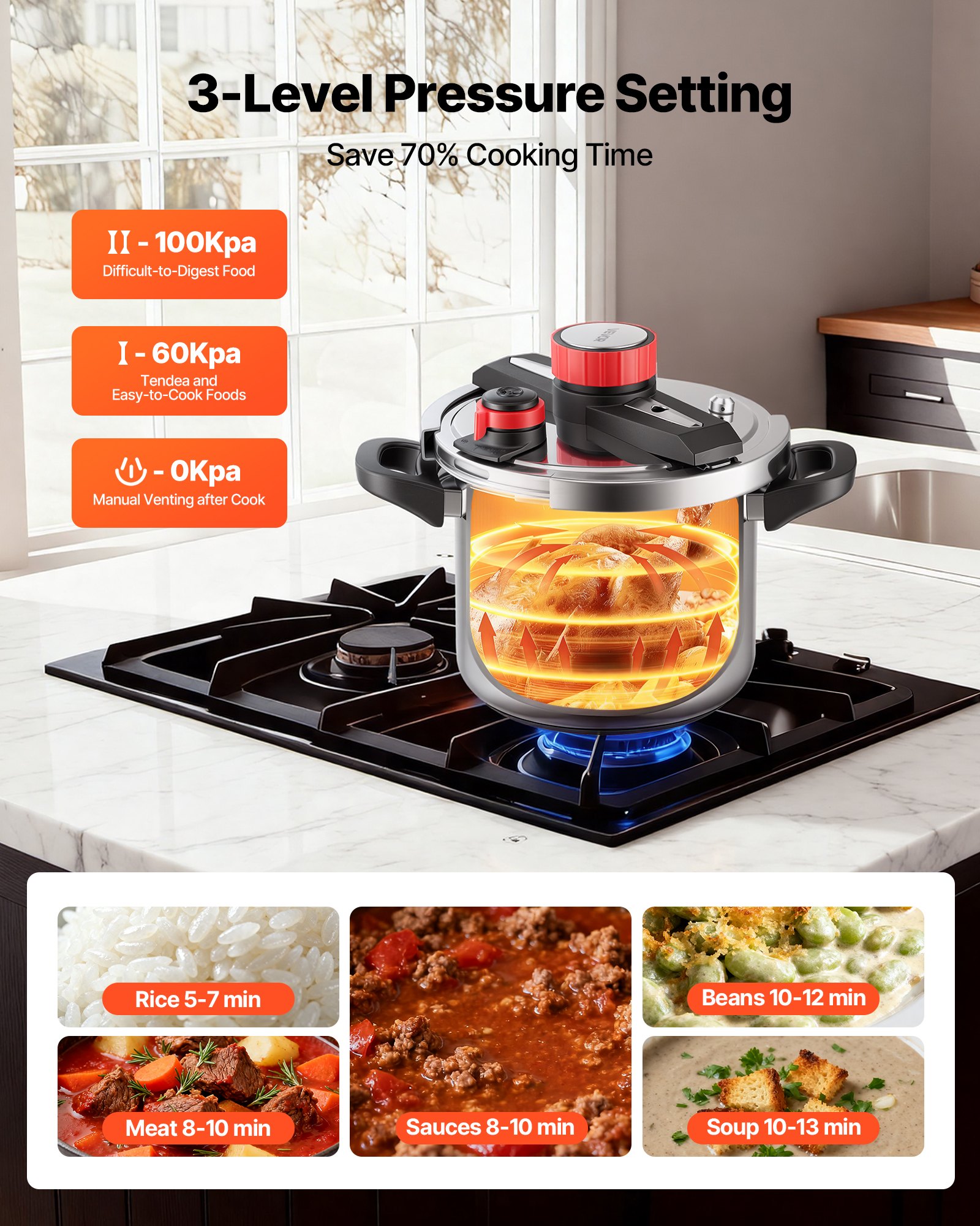VEVOR Pressure Cooker, 8Qt Pressure Cooker Stainless Steel, Pressures Canner with Steaming Rack, Tempered Glass Lid, Three Pressures Settings for Meat, Beans, Rice, Soup, Sauces, Cook up to 100 kPa